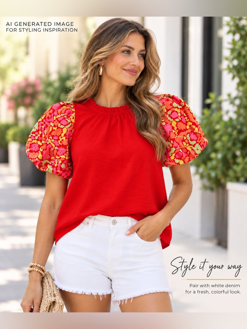 Jodifl Red Multicolor Floral Embroidered Puff Sleeve Blouse Small